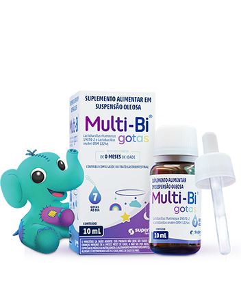 Mockup do produto Multi-Bi gotas com o selo Clean Label e pelúcia de elefante